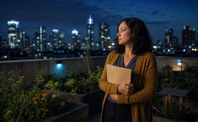 A person stands with a closed plain folder in a rooftop community garden while reviewing a next credit-report step.