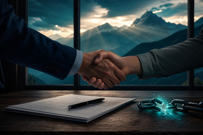 Handshake over a settlement agreement after being sued for a credit card balance, with broken chain symbolizing debt resolution