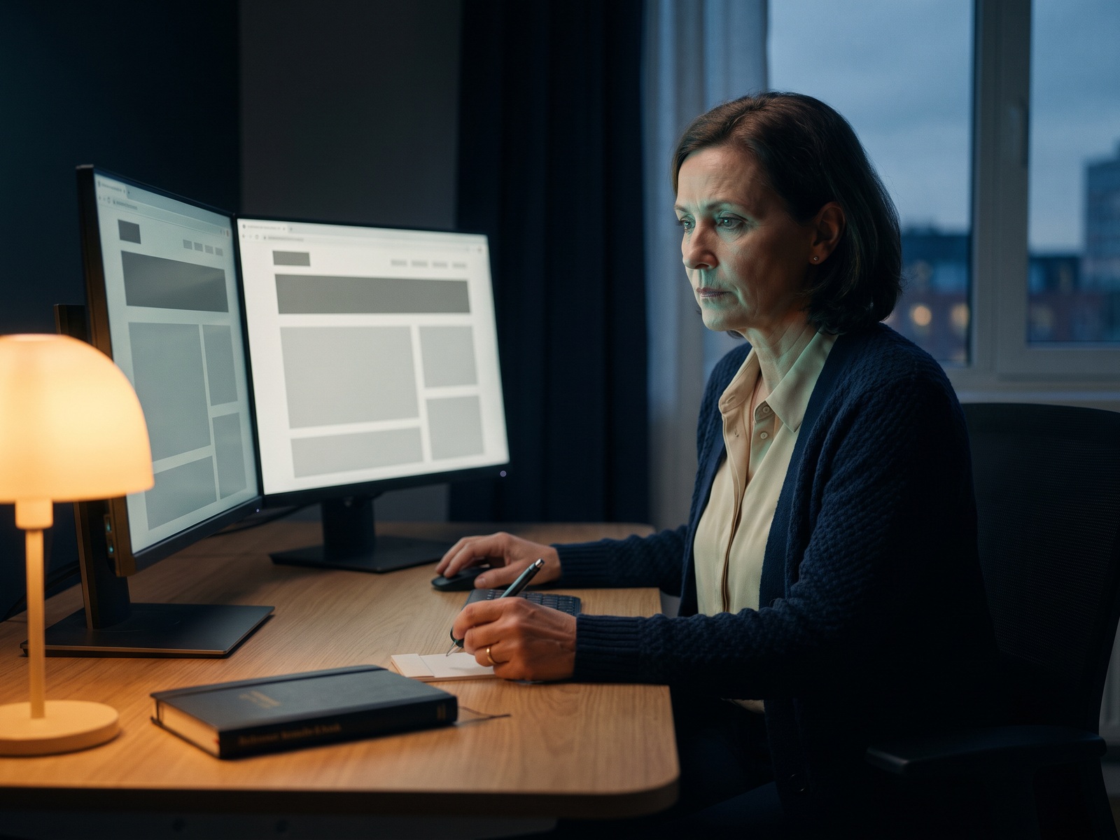 An experienced editor compares authoritative consumer information at a focused workspace.