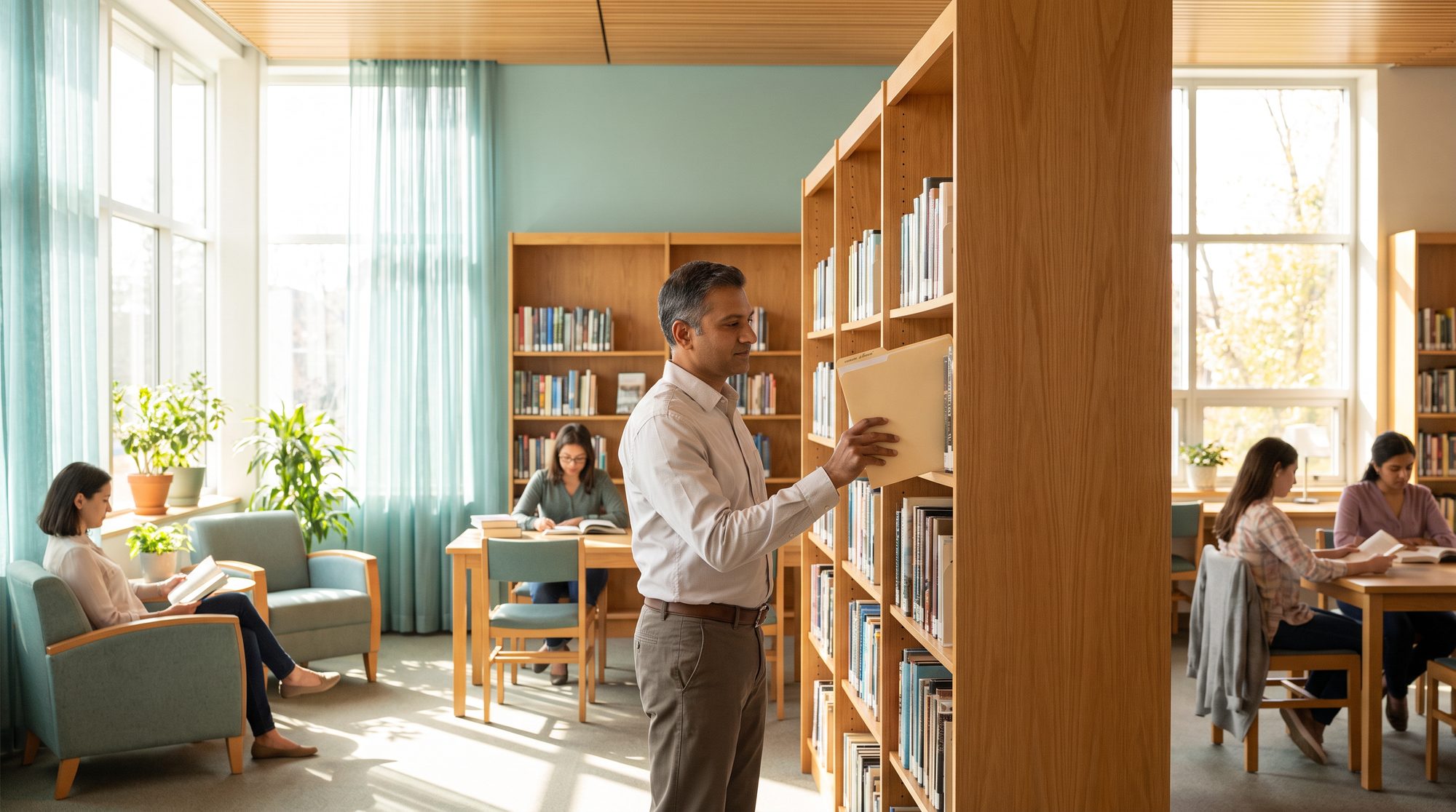 A reader finds a clear path through practical debt information in a bright public reading space.