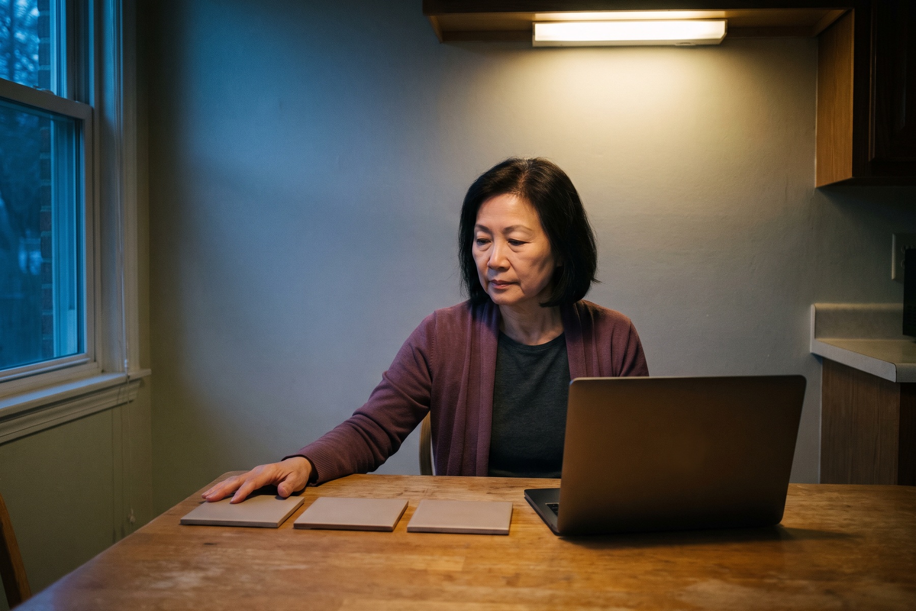 An adult calmly identifies the next priority at a quiet kitchen table before sunrise.