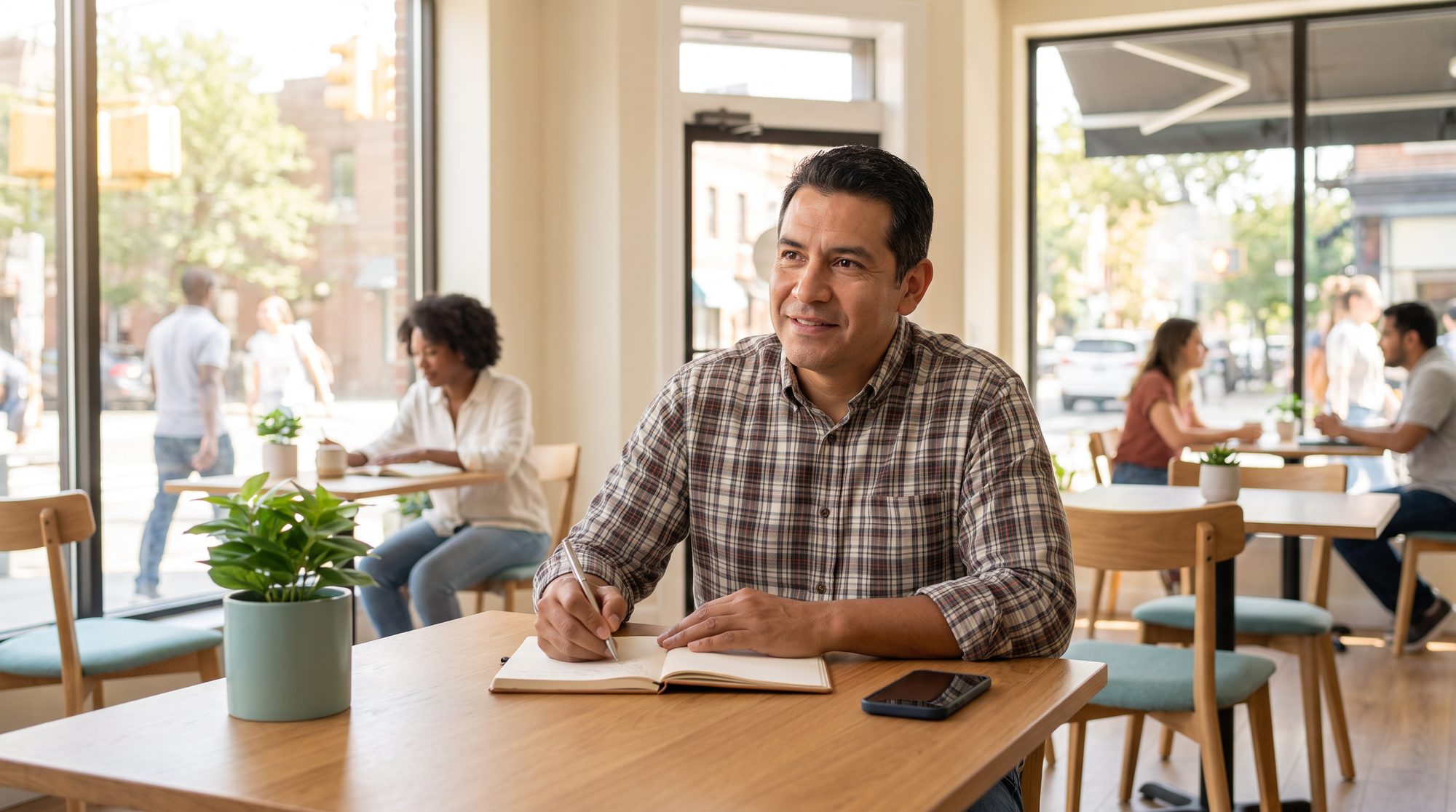 Reader writes a question in a bright cafe.