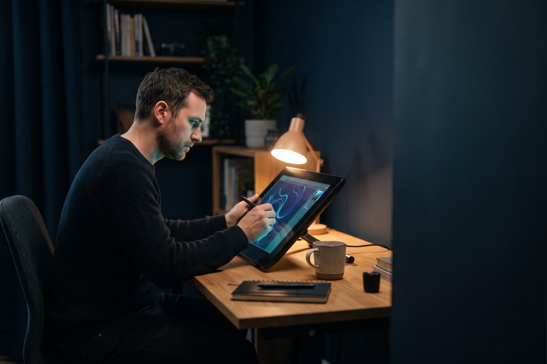 An adult works focusedly on a digital design tablet in a quiet home office.
