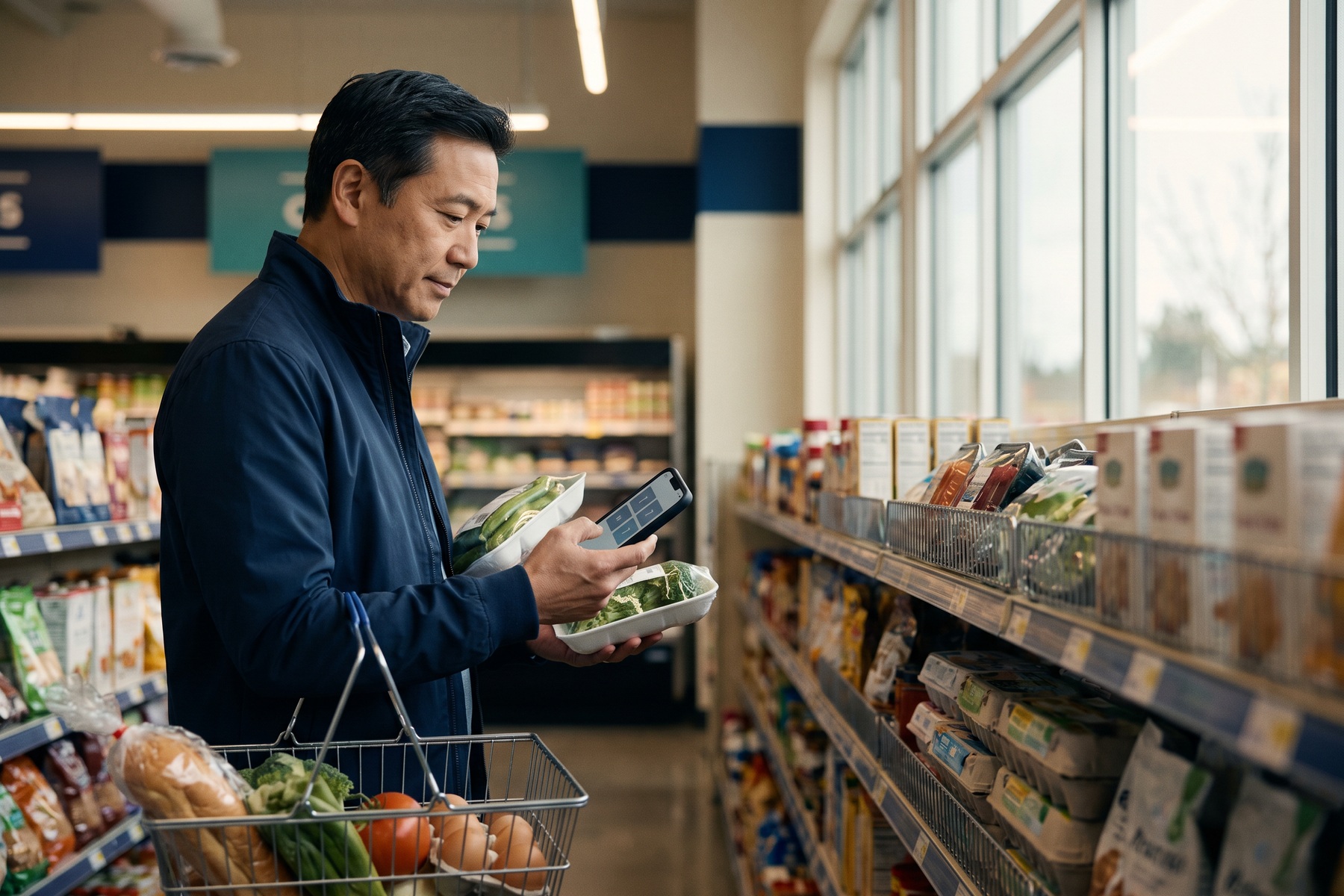 An adult compares practical grocery choices with a simple phone total in a neighborhood market.