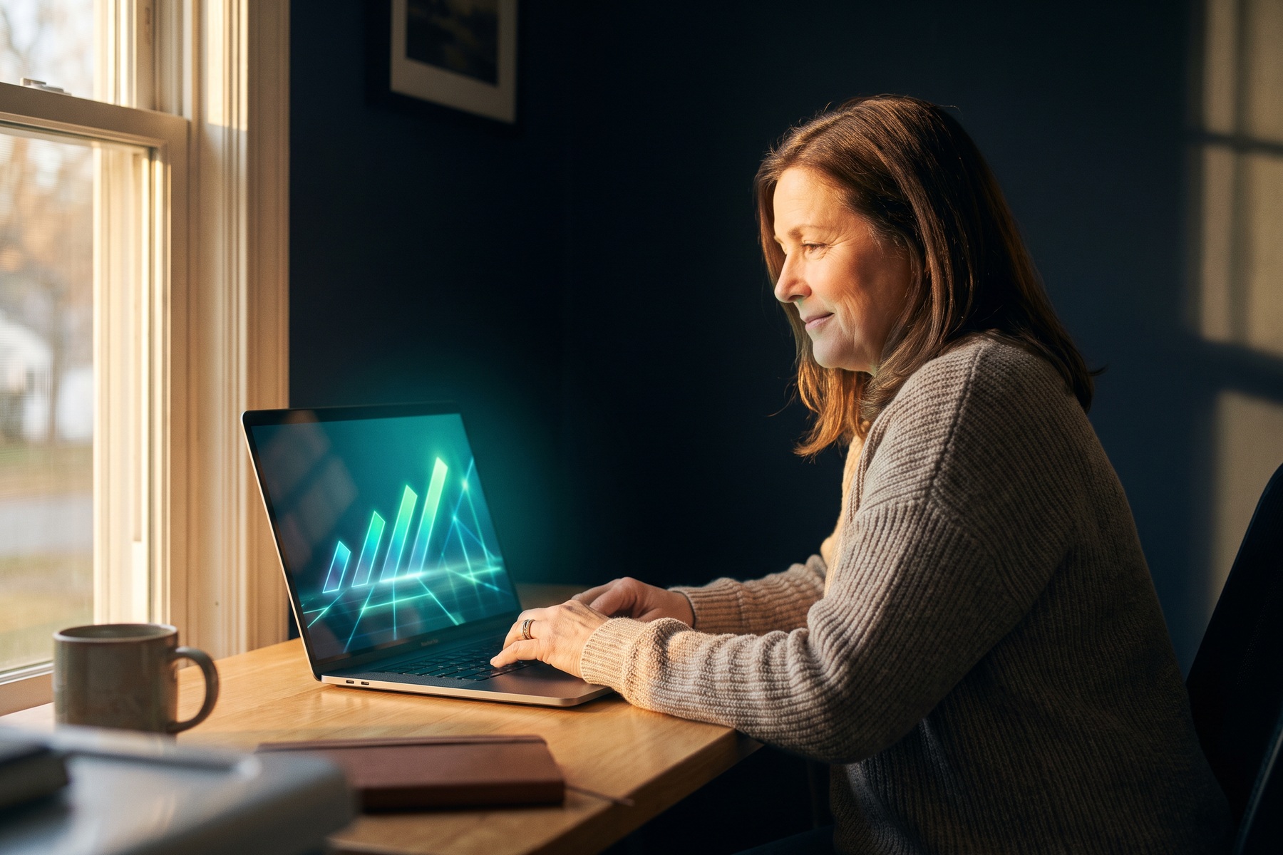 An adult looks at a laptop screen showing abstract progress bars, nodding slightly in understanding.