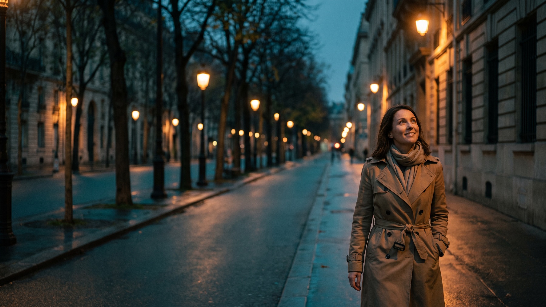 An adult walks calmly down a quiet city street at twilight, feeling grounded and present.