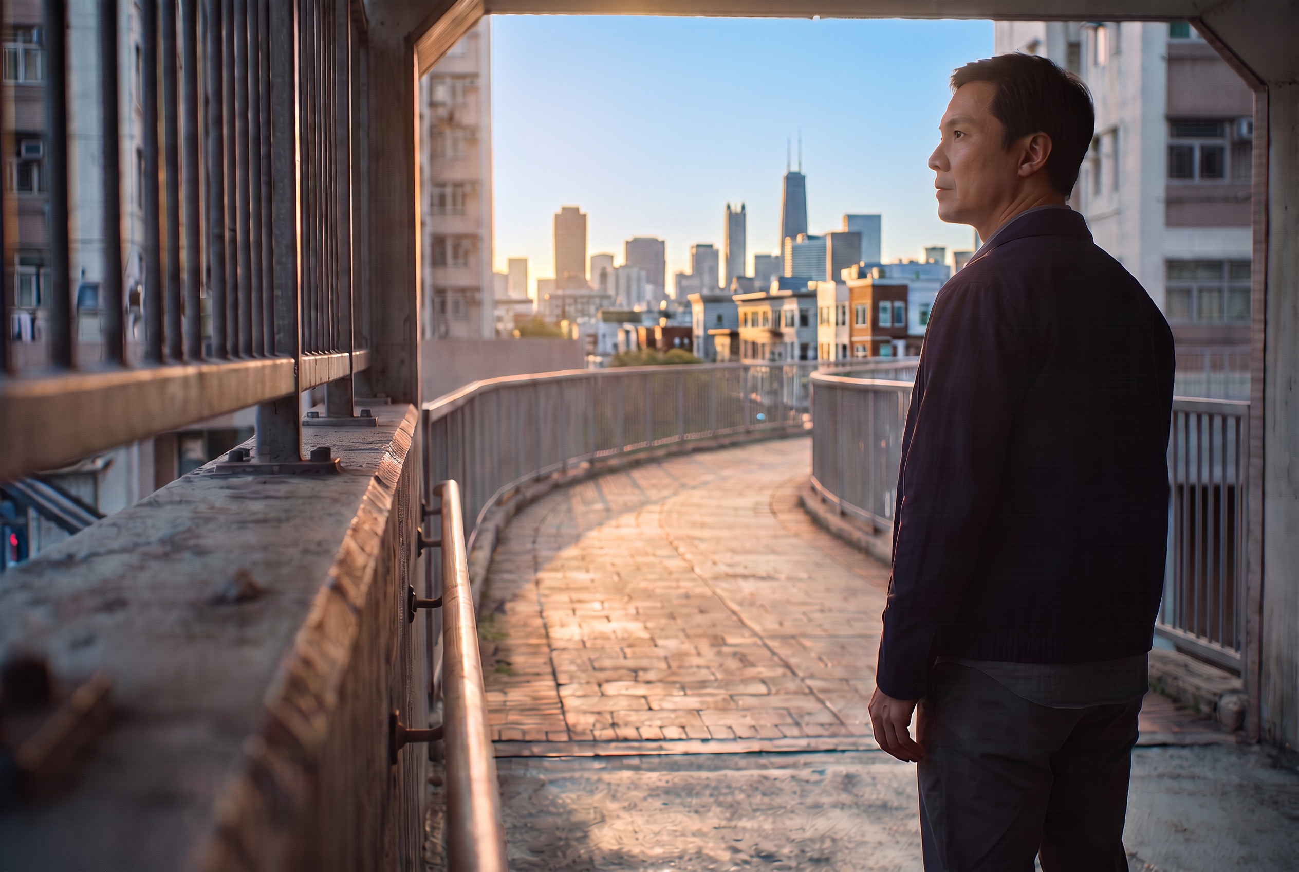 An adult walks toward a defined sunlit city skyline along a rough elevated walkway.