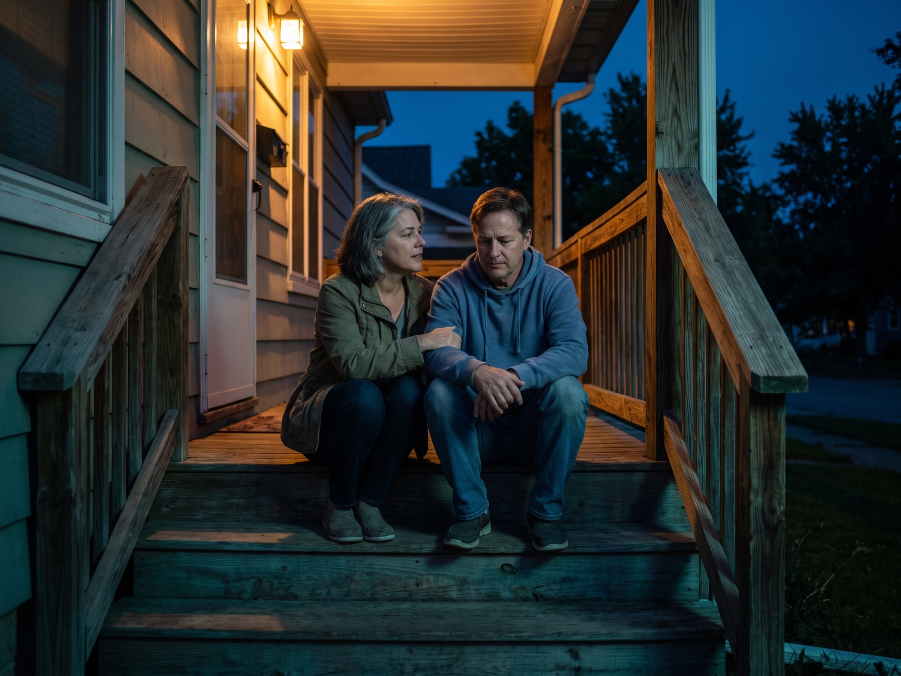 Two adults sit on their front porch steps in the evening, having a quiet, grounded conversation.