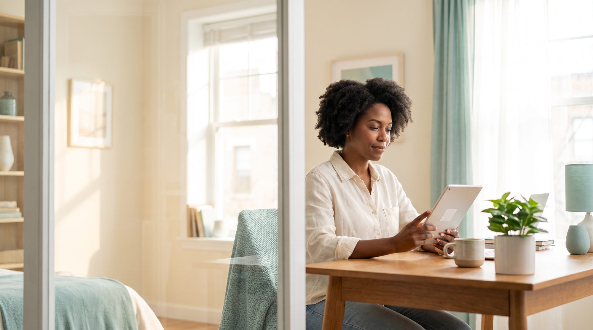 A woman calmly reviews a privacy policy in a bright, welcoming workspace.