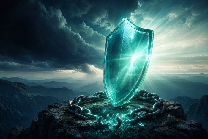 Glowing shield and broken chain symbolizing legal defenses against a credit card debt lawsuit