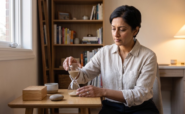 An adult uses a simple sand timer to review upcoming cash-flow timing.