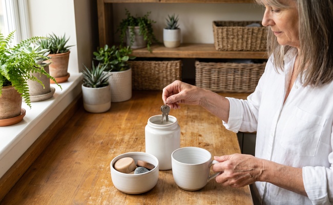 An adult separates everyday cash-flow categories using plain ceramic containers.