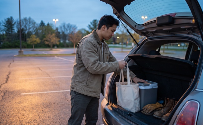 An adult organizes household supplies and work gear in a vehicle trunk.