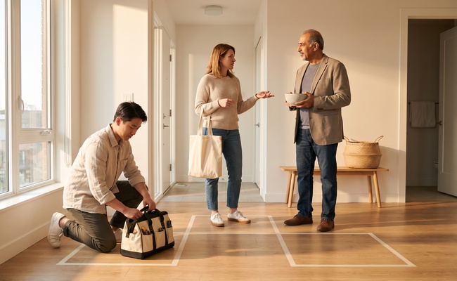 Three adults sort work, household, and reserve items into separate visual groups.
